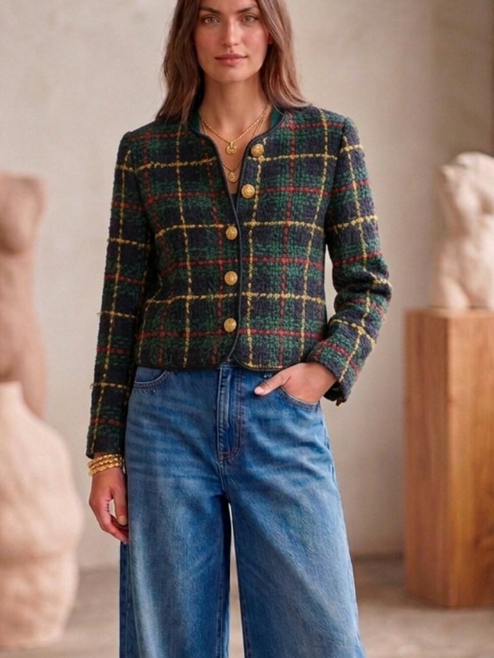 VTG Jos. A. Bank Wool Angora Tartan Plaid Blazer Lady Jacket Gold Crest Button 8
